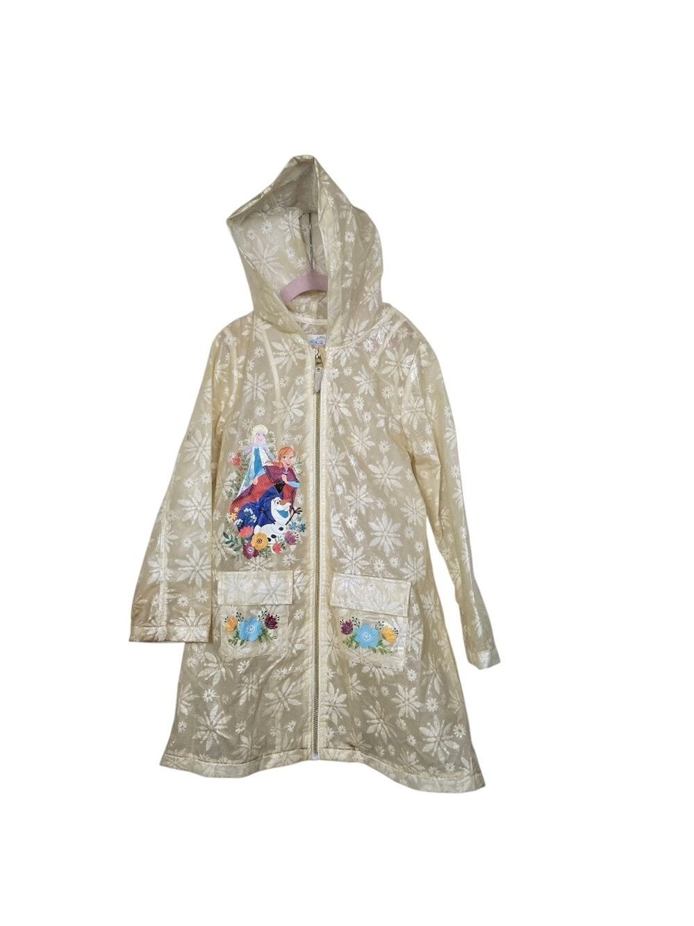 Disney Frozen Elsa Anna Olaf Ivory Hooded Snowflake Sheer Zip Floral Raincoat
